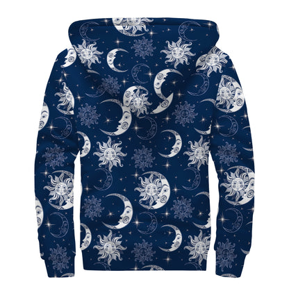 White And Blue Celestial Pattern Print Sherpa Lined Zip Up Hoodie