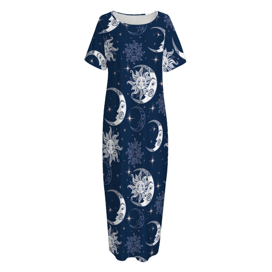 White And Blue Celestial Pattern Print Short Sleeve Long Nightdress
