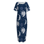 White And Blue Celestial Pattern Print Short Sleeve Long Nightdress