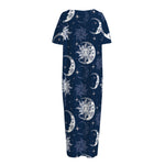 White And Blue Celestial Pattern Print Short Sleeve Long Nightdress