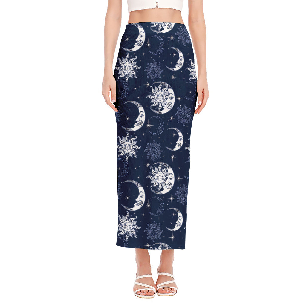 White And Blue Celestial Pattern Print Side Slit Maxi Skirt
