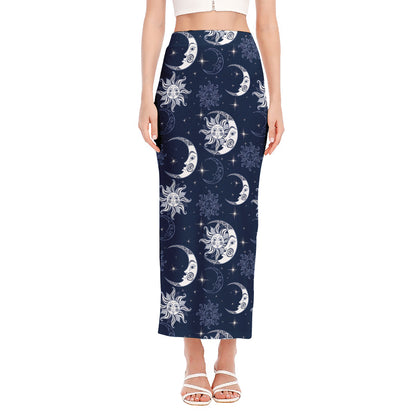 White And Blue Celestial Pattern Print Side Slit Maxi Skirt