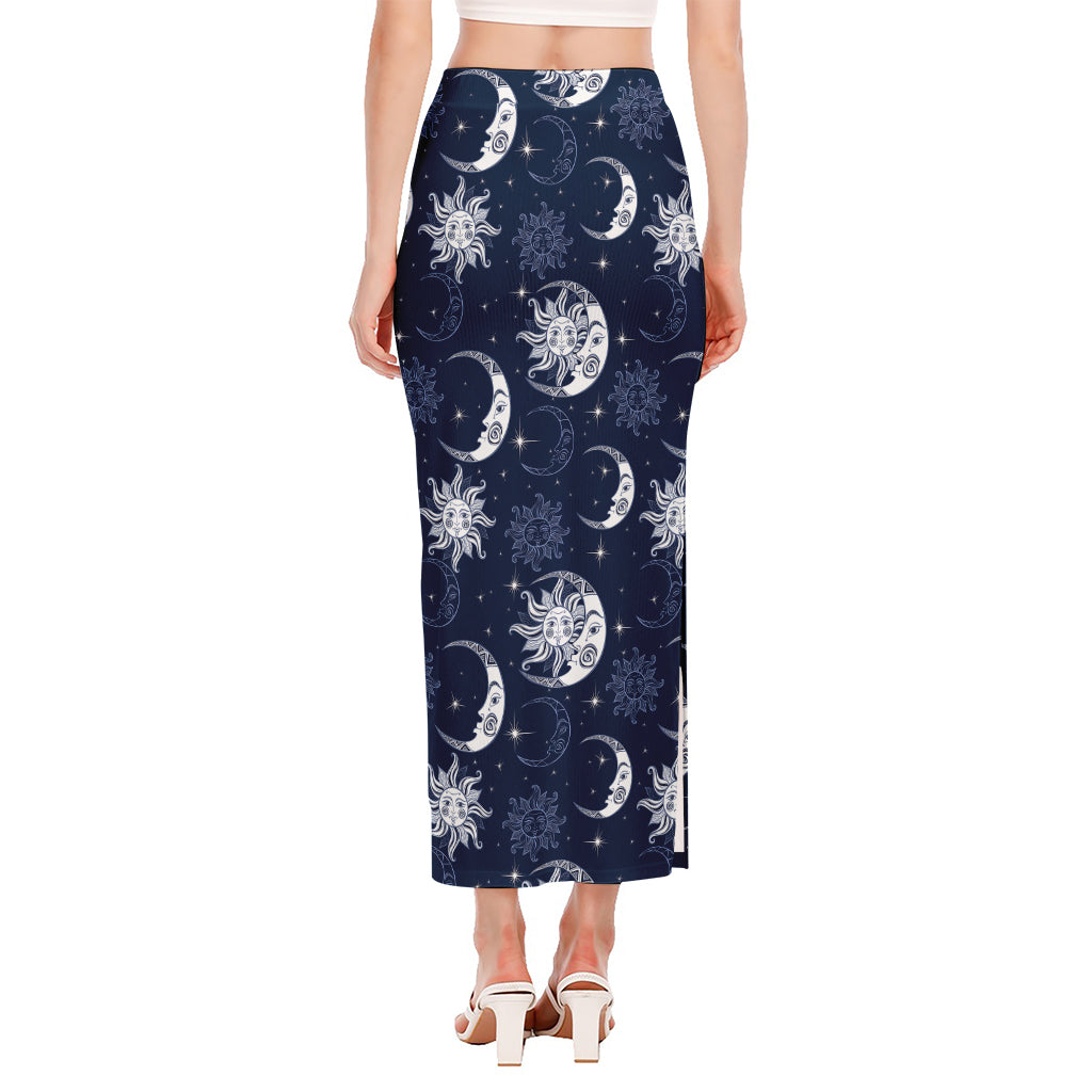 White And Blue Celestial Pattern Print Side Slit Maxi Skirt