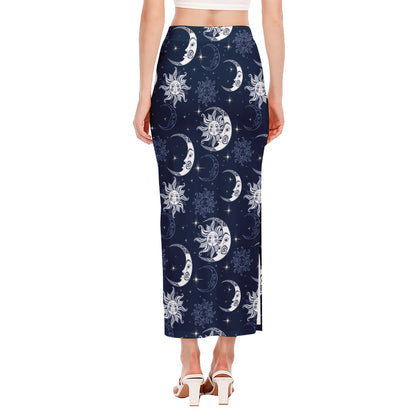 White And Blue Celestial Pattern Print Side Slit Maxi Skirt