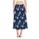 White And Blue Celestial Pattern Print Side Slit Midi Skirt