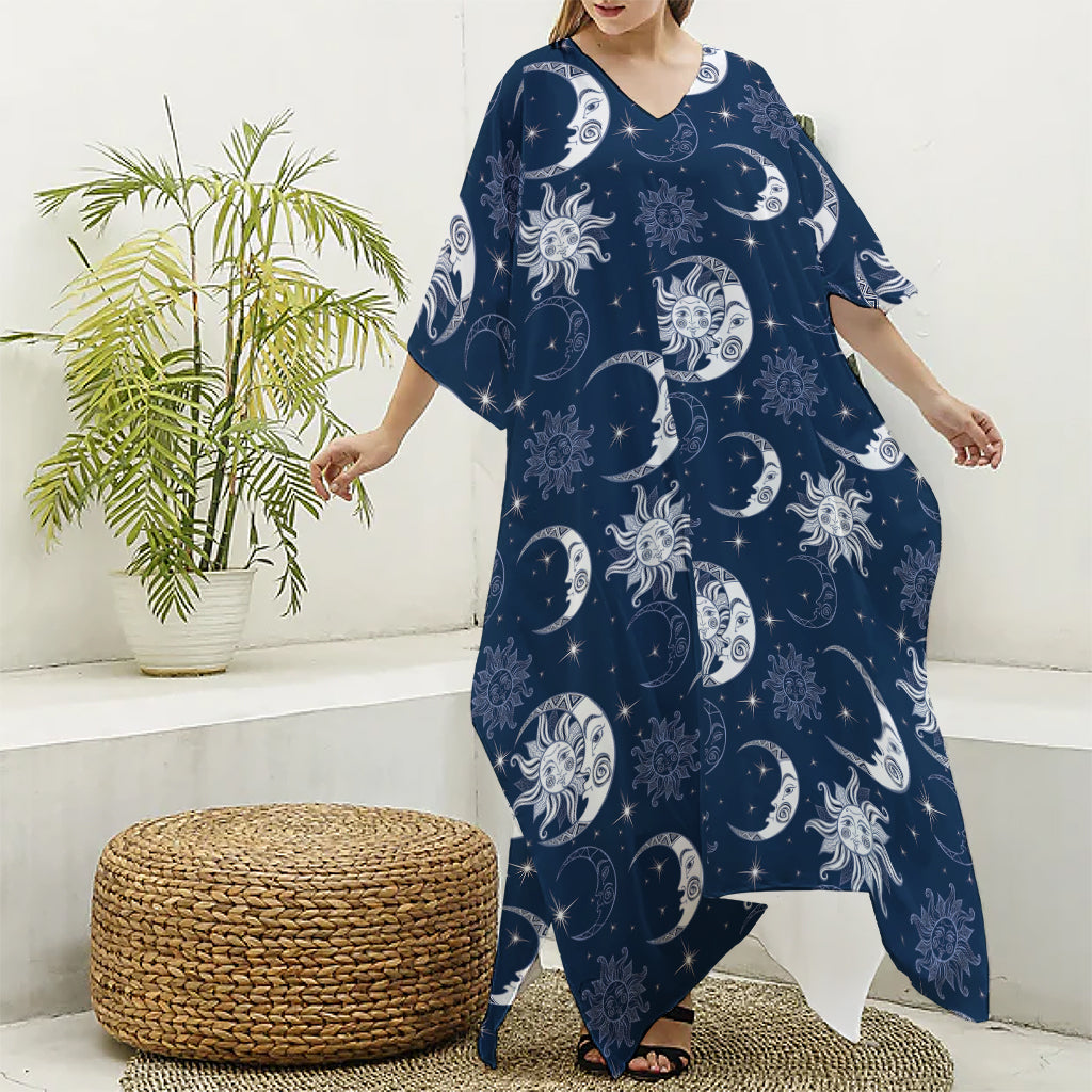 White And Blue Celestial Pattern Print Silk V-Neck Kaftan Dress