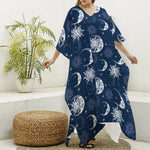 White And Blue Celestial Pattern Print Silk V-Neck Kaftan Dress