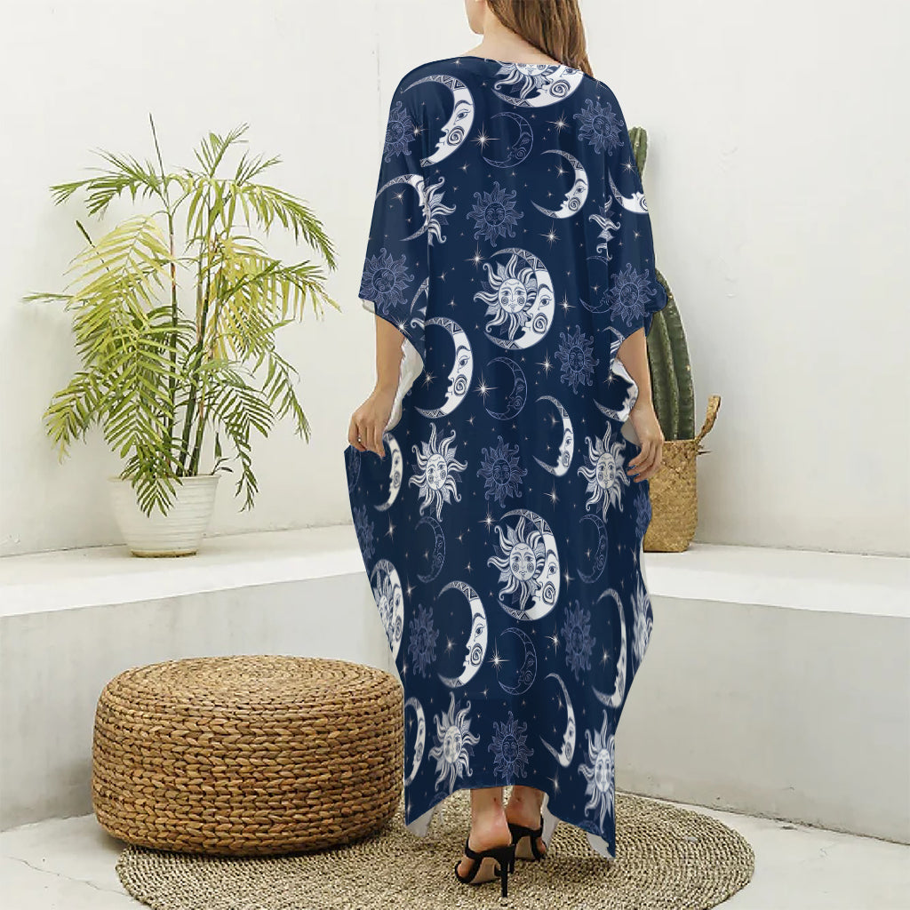 White And Blue Celestial Pattern Print Silk V-Neck Kaftan Dress