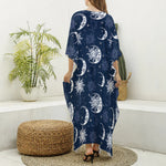 White And Blue Celestial Pattern Print Silk V-Neck Kaftan Dress