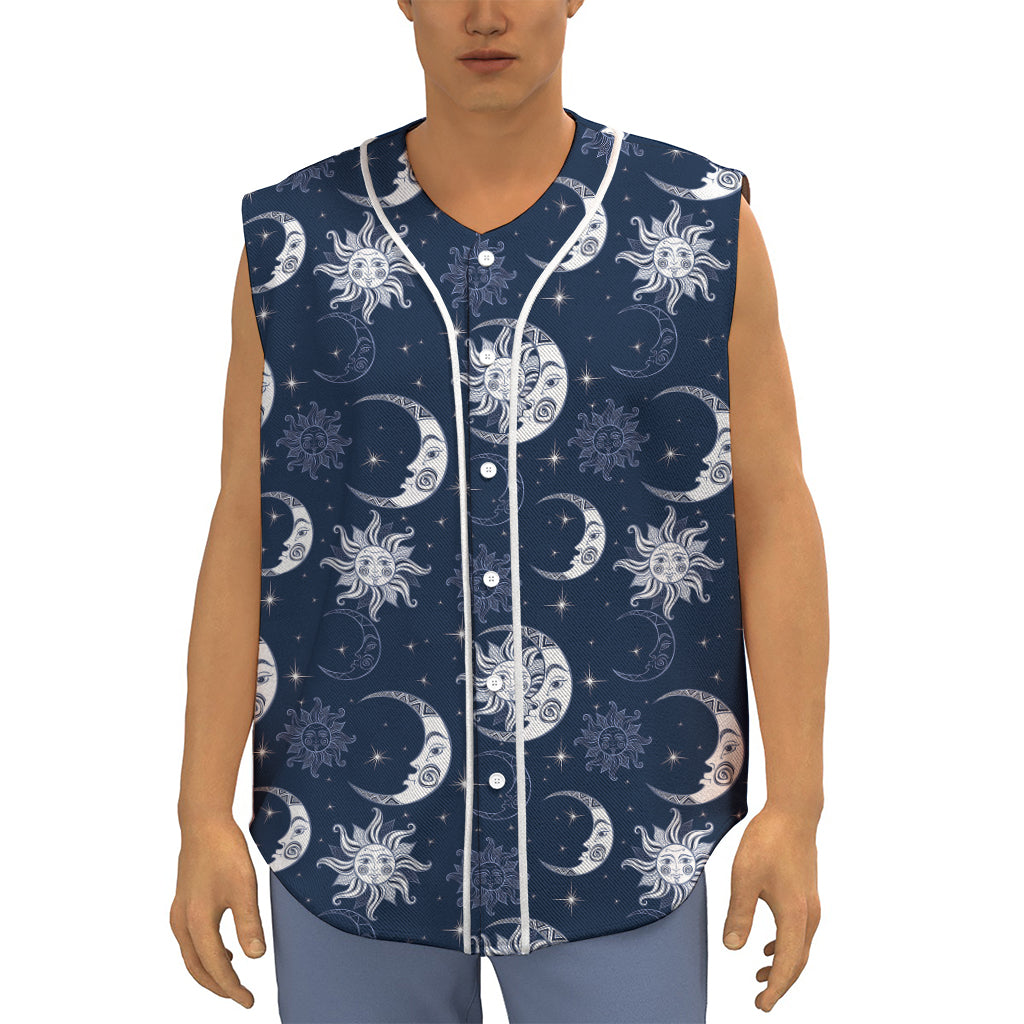 White And Blue Celestial Pattern Print Sleeveless Baseball Jersey