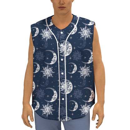 White And Blue Celestial Pattern Print Sleeveless Baseball Jersey