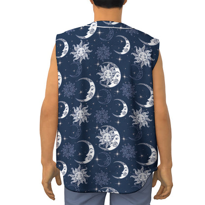 White And Blue Celestial Pattern Print Sleeveless Baseball Jersey