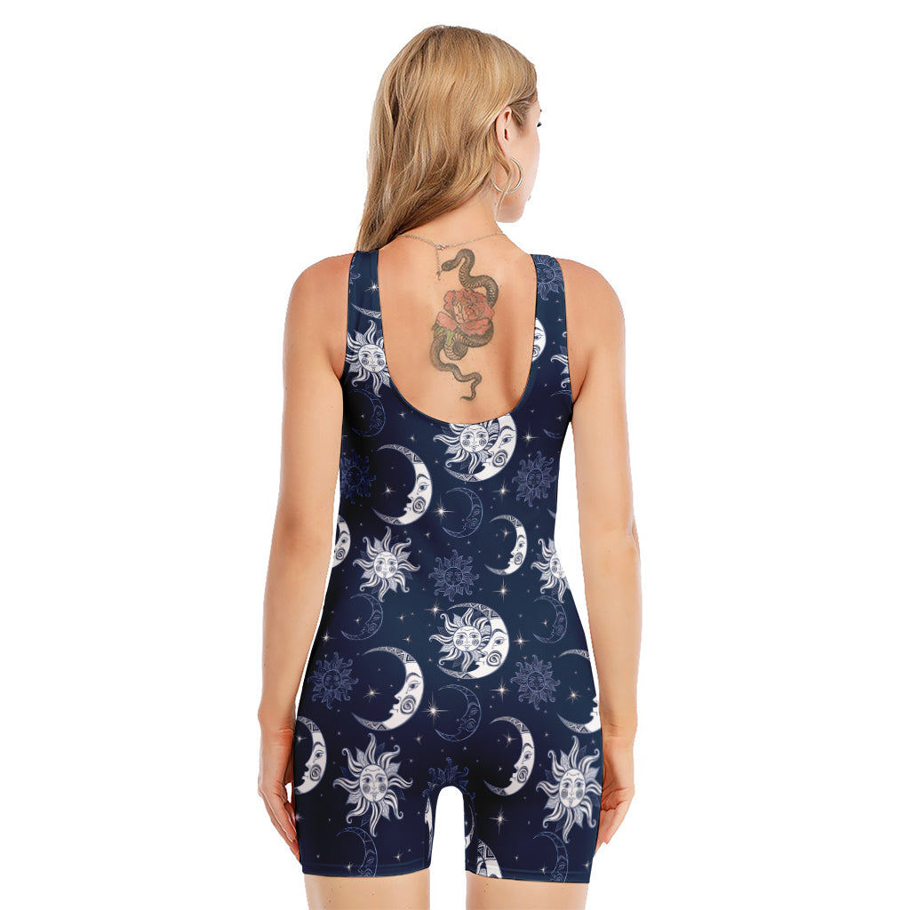 White And Blue Celestial Pattern Print Sleeveless One Piece Swimsuit