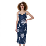 White And Blue Celestial Pattern Print Slim Fit Midi Cami Dress