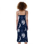 White And Blue Celestial Pattern Print Slim Fit Midi Cami Dress