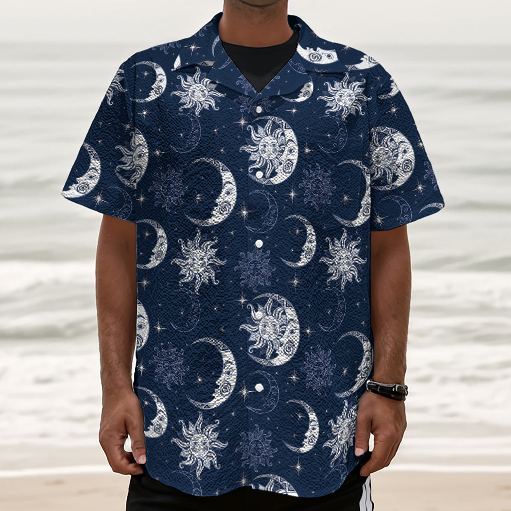 White And Blue Celestial Pattern Print Textured Short Sleeve Shirt