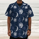 White And Blue Celestial Pattern Print Textured Short Sleeve Shirt
