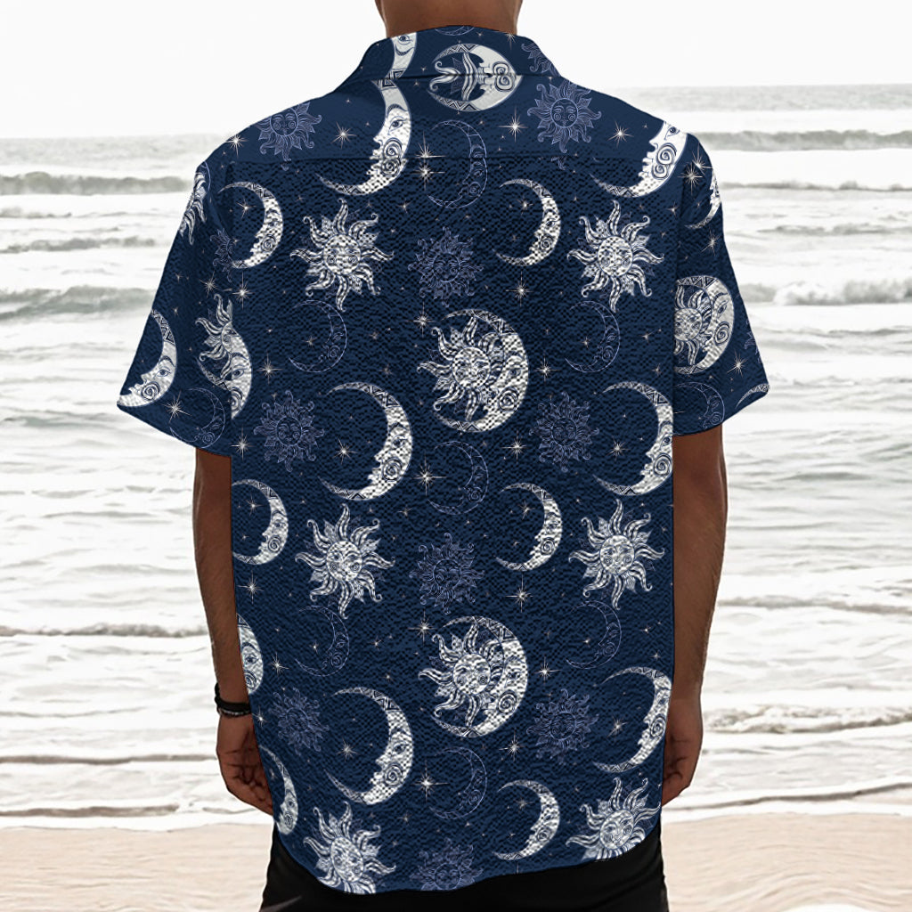 White And Blue Celestial Pattern Print Textured Short Sleeve Shirt