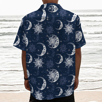 White And Blue Celestial Pattern Print Textured Short Sleeve Shirt