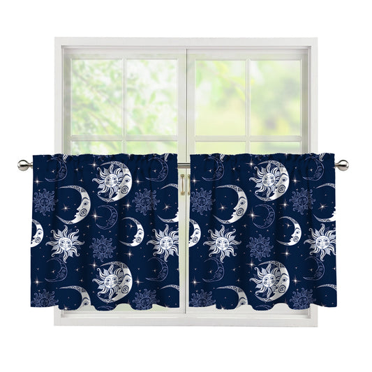 White And Blue Celestial Pattern Print Tier Curtains