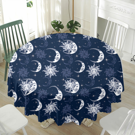 White And Blue Celestial Pattern Print Waterproof Round Tablecloth