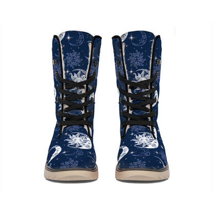 White And Blue Celestial Pattern Print Winter Boots