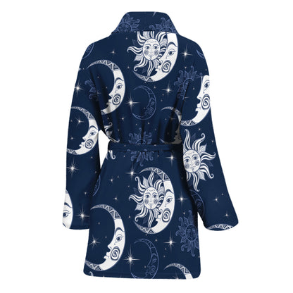 White And Blue Celestial Pattern Print Women's Bathrobe