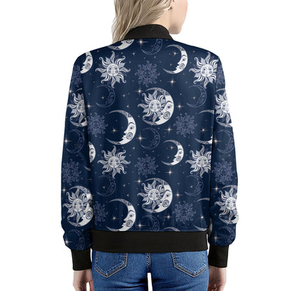 White And Blue Celestial Pattern Print Women's Bomber Jacket