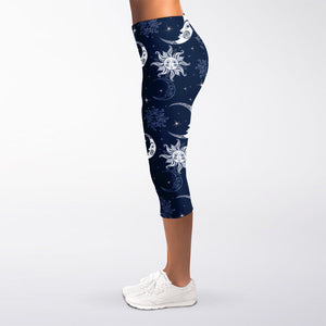 White And Blue Celestial Pattern Print Women's Capri Leggings