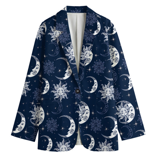 White And Blue Celestial Pattern Print Women's Cotton Blazer