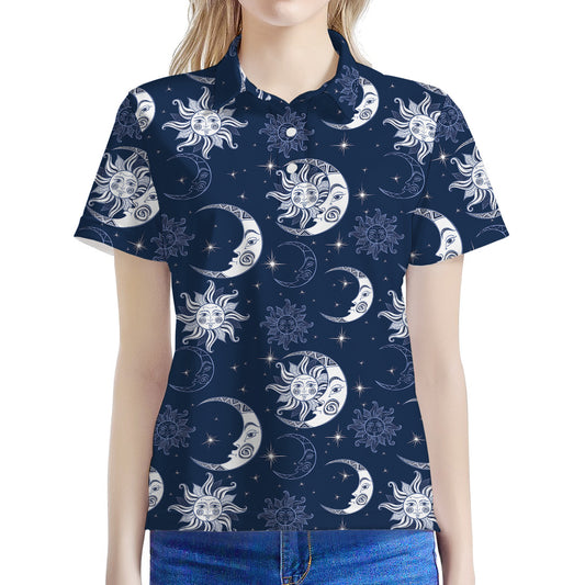 White And Blue Celestial Pattern Print Women's Polo Shirt
