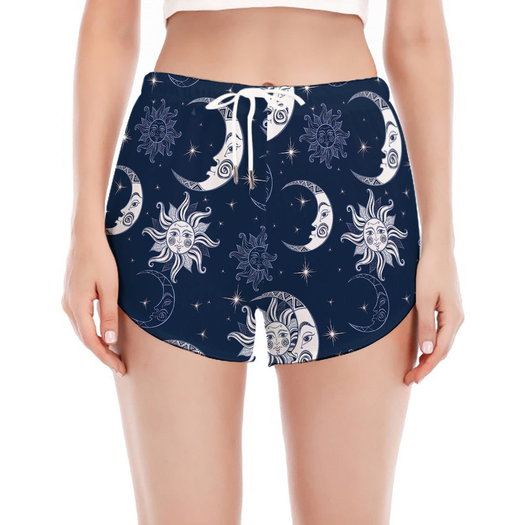 White And Blue Celestial Pattern Print Women's Split Running Shorts