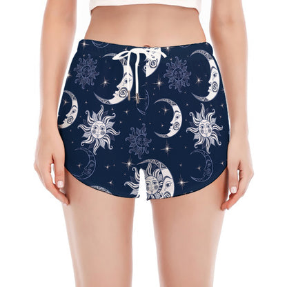 White And Blue Celestial Pattern Print Women's Split Running Shorts