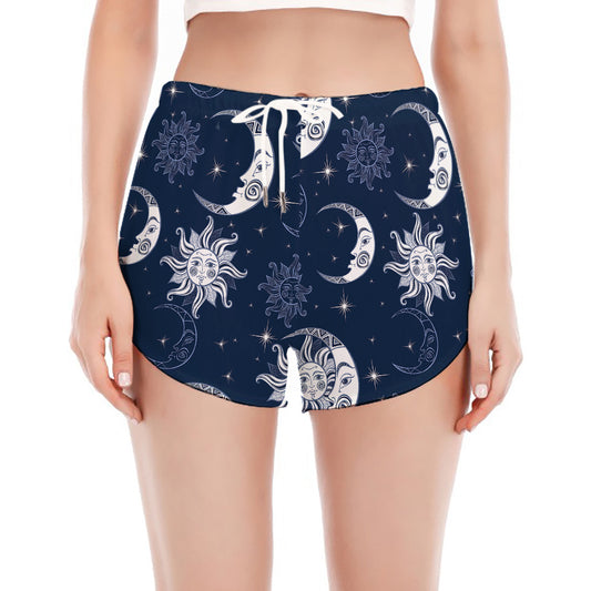 White And Blue Celestial Pattern Print Women's Split Running Shorts