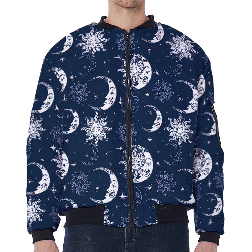 White And Blue Celestial Pattern Print Zip Sleeve Bomber Jacket