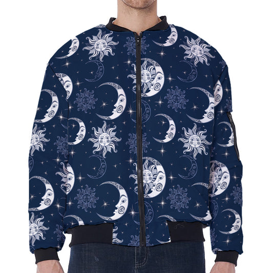 White And Blue Celestial Pattern Print Zip Sleeve Bomber Jacket