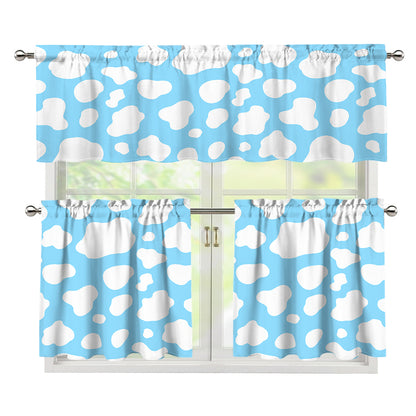 White And Blue Cow Print 3 Piece Kitchen Curtains