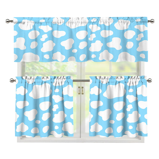 White And Blue Cow Print 3 Piece Kitchen Curtains