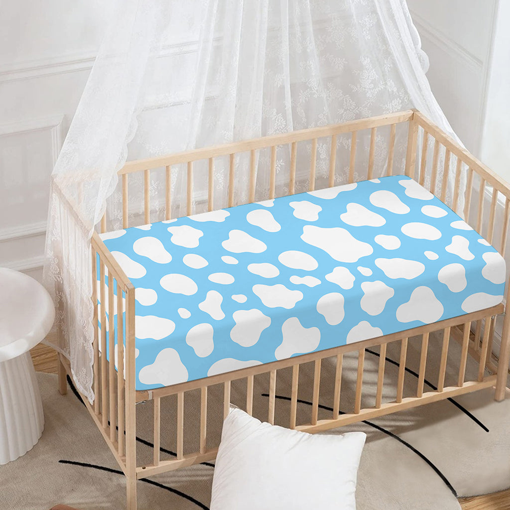 White And Blue Cow Print Baby Crib Sheet