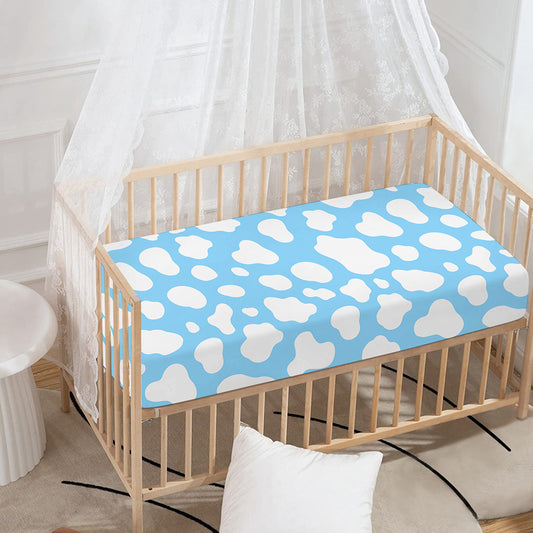 White And Blue Cow Print Baby Crib Sheet