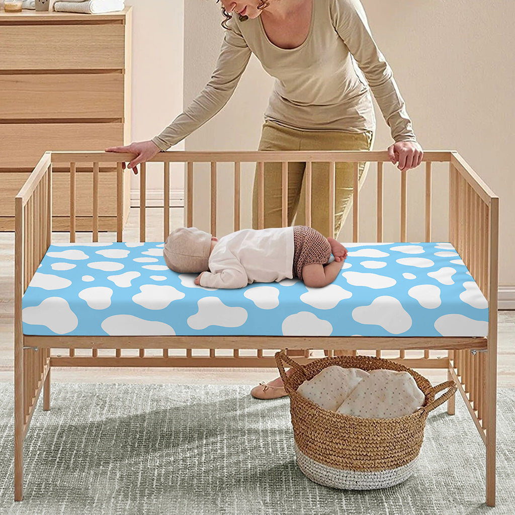 White And Blue Cow Print Baby Crib Sheet