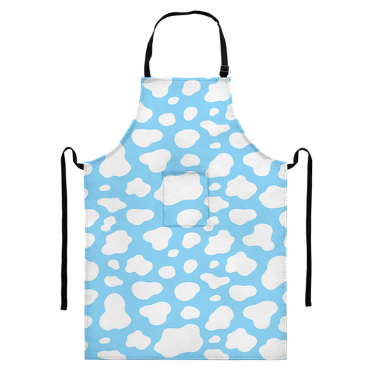 White And Blue Cow Print Bib Apron With Pocket
