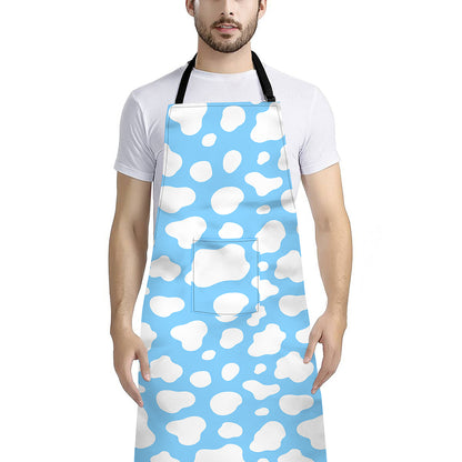 White And Blue Cow Print Bib Apron With Pocket