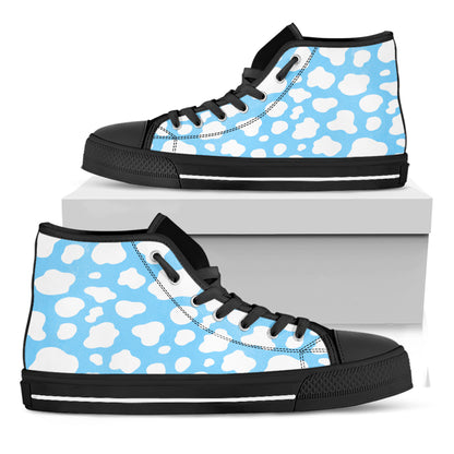 White And Blue Cow Print Black High Top Sneakers