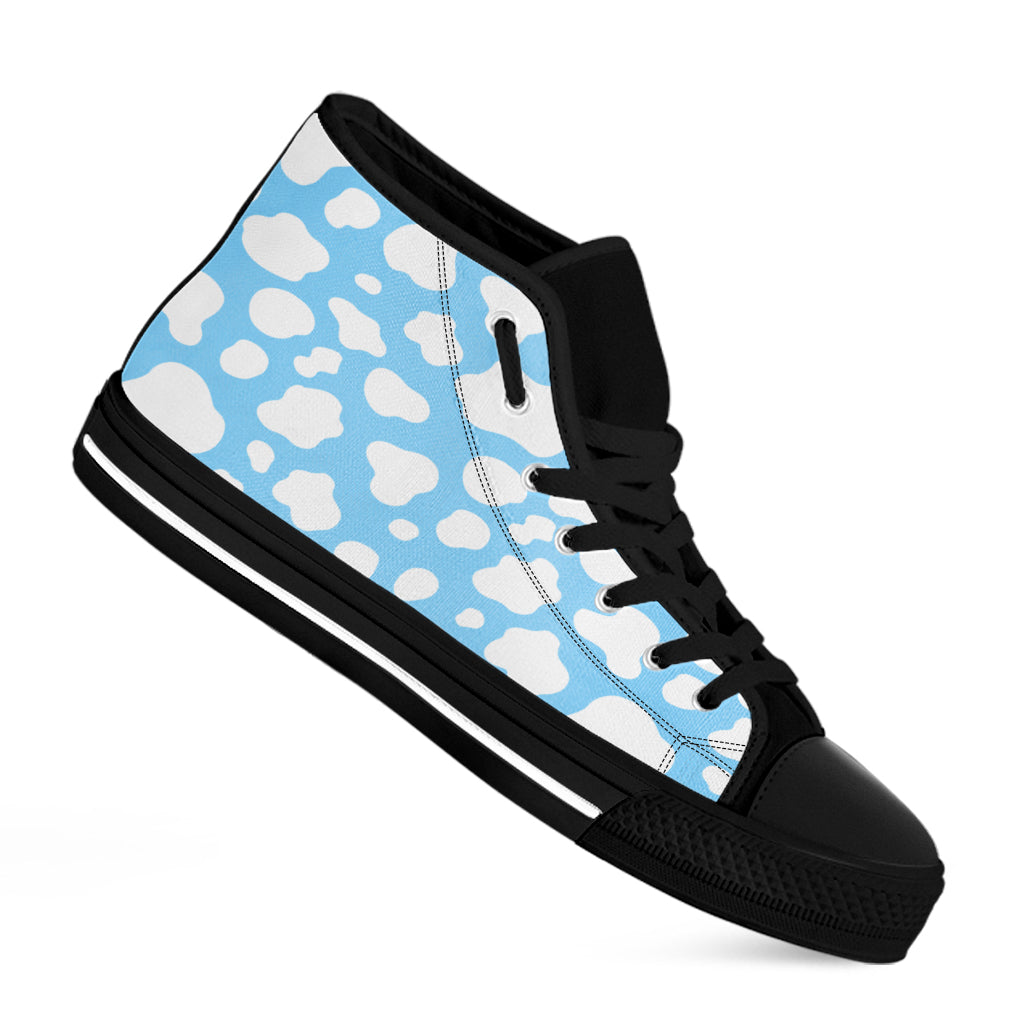 White And Blue Cow Print Black High Top Sneakers