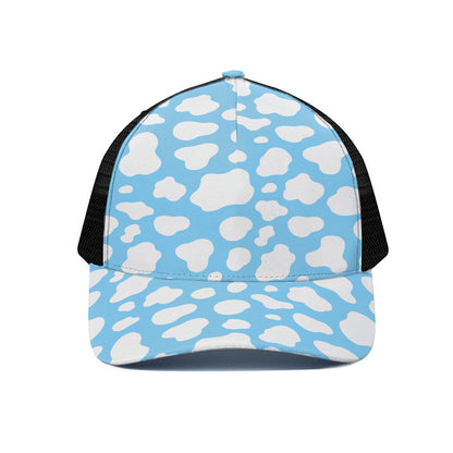 White And Blue Cow Print Black Mesh Trucker Cap