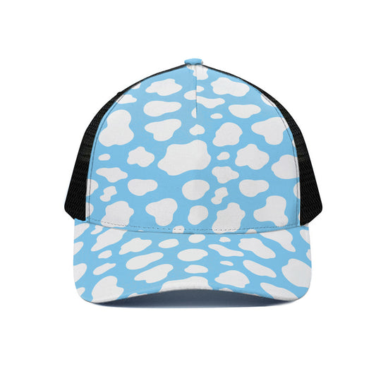 White And Blue Cow Print Black Mesh Trucker Cap