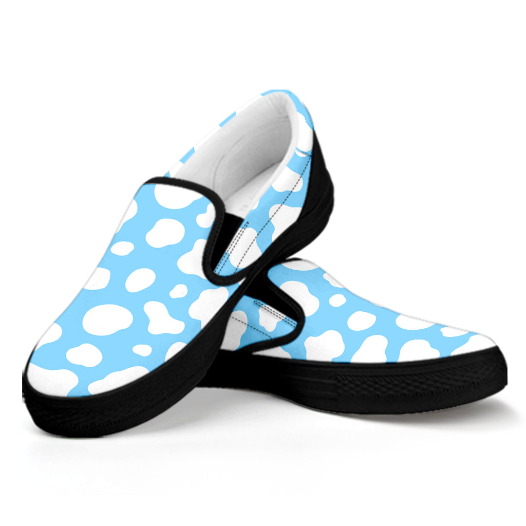 White And Blue Cow Print Black Slip On Sneakers