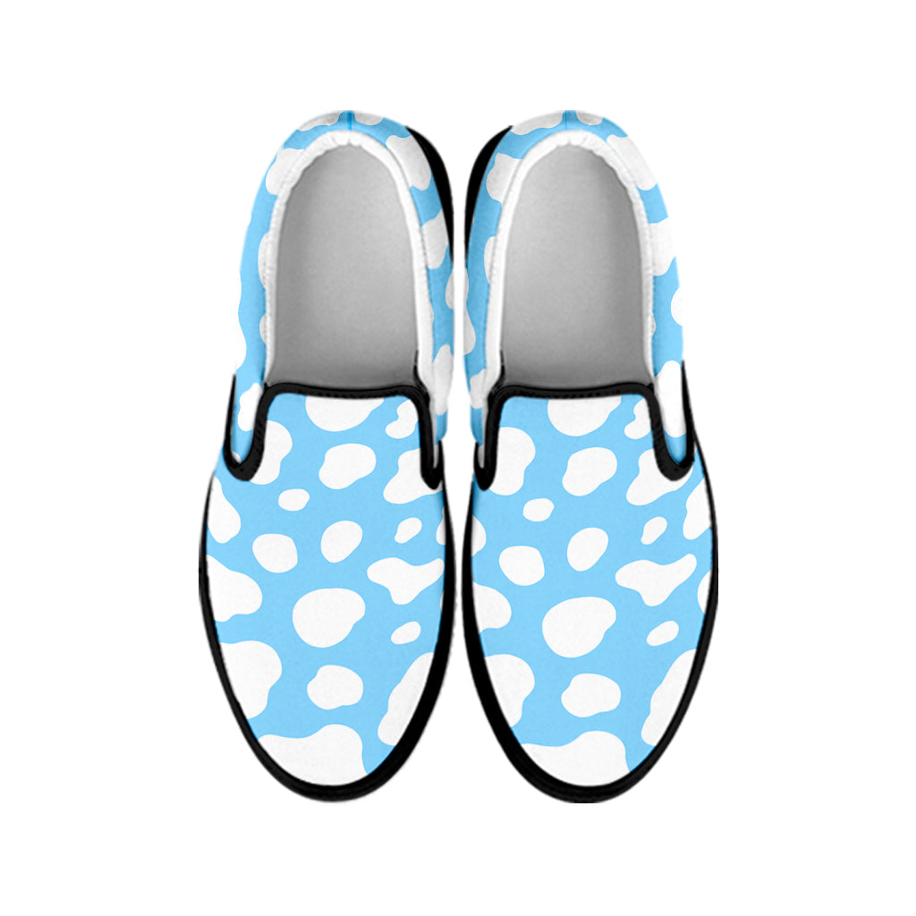 White And Blue Cow Print Black Slip On Sneakers