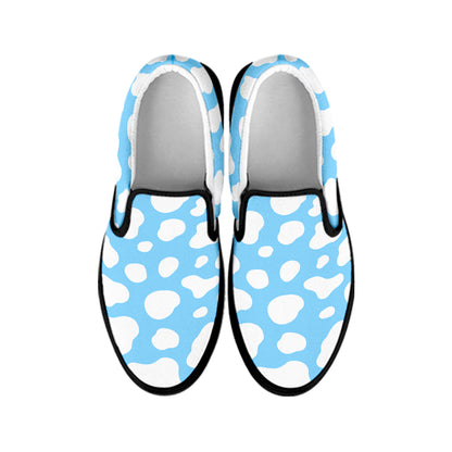 White And Blue Cow Print Black Slip On Sneakers